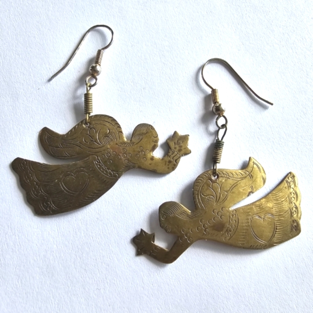 Vintage angel earrings dark gold tone metal guardian angle prim primitive